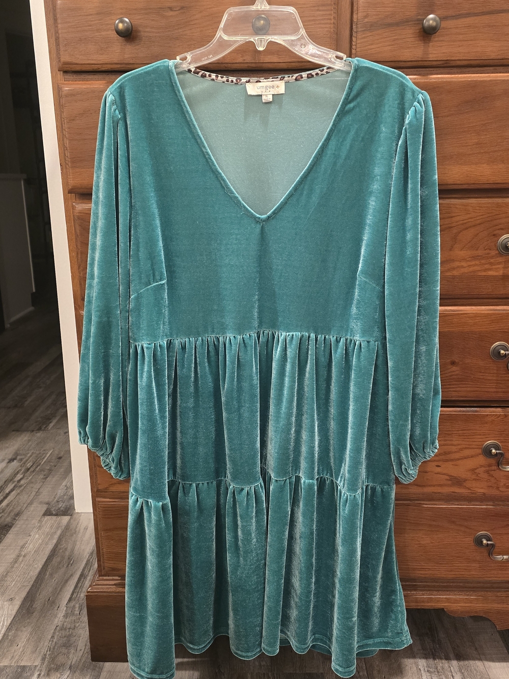 Umgee Teal Velvet V-Neck Tiered Long Sleeve Dress
